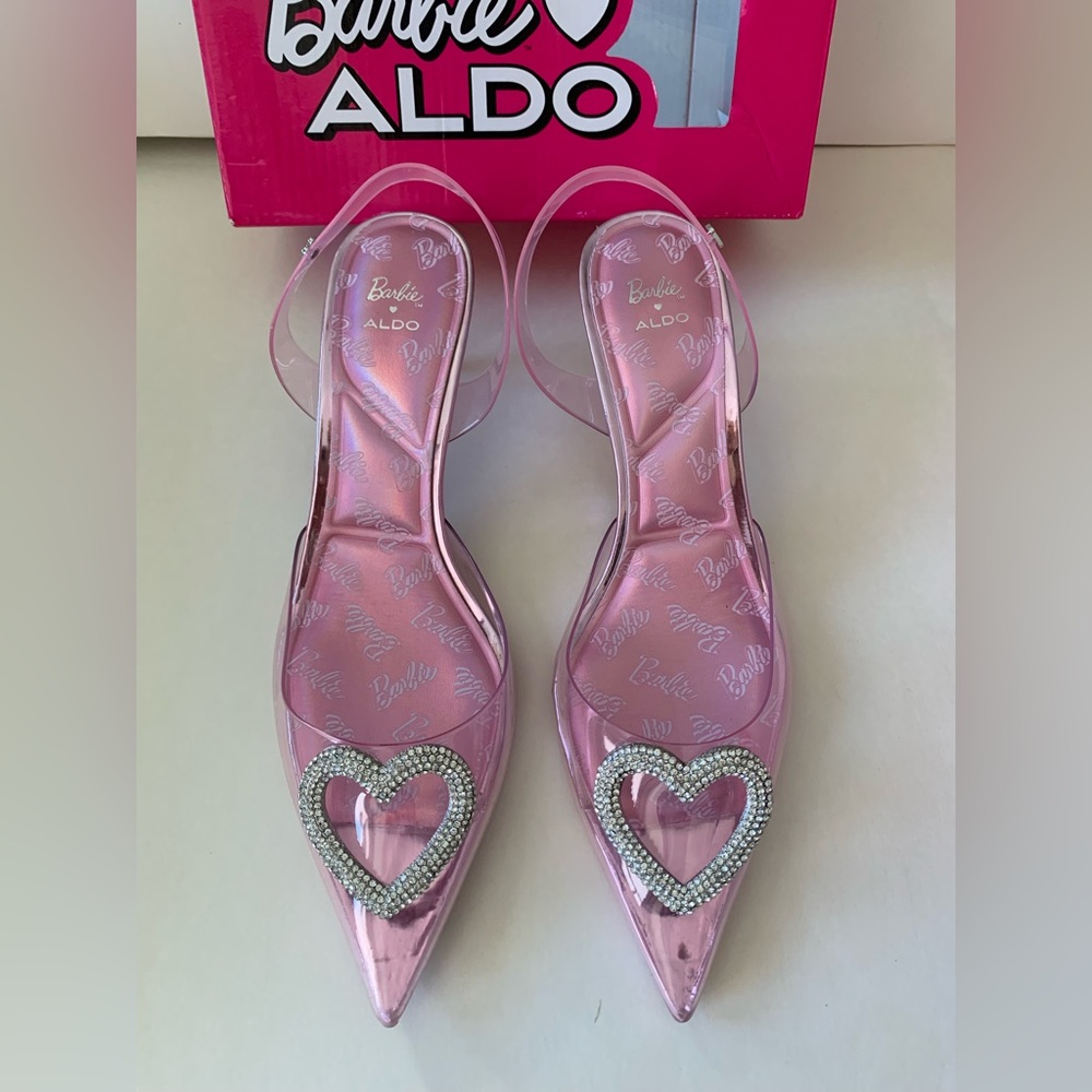 NIB ALDO X BARBIE 8.5 Pink Pointed Toe Mules with Rhinestone Heart
